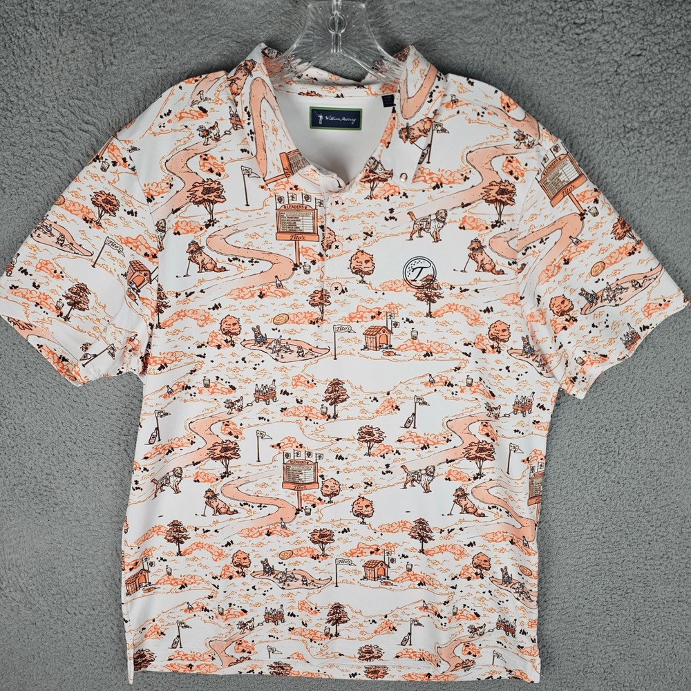 William Murray Polo Mens Large White Titos Vodka Golf Course Print Performance